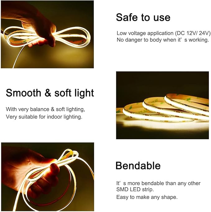 COB LED Strip Lights DC 12V LED Lights Flexible Super Bright LED Strips, 5Pack 16.4FT 4000K Natural White CRI 90+, 480LEDs/m High Density Uniform Light fo Home Room Decor (No Adapter or Controller)
