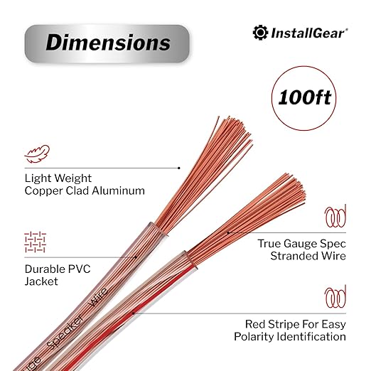 InstallGear 14 Gauge Wire AWG Speaker Wire (100ft - Clear) - Speaker Cable for Car Speakers Stereos, Home Theater Speakers, Surround Sound, Radio, Automotive Wire, Outdoor - Speaker Wire 14 Gauge
