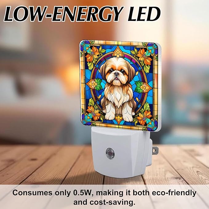 PODMemory Shih Tzu Stained Glass Night Lights Plug into Wall for Room, Shih Tzu Night Light LED for Bedroom