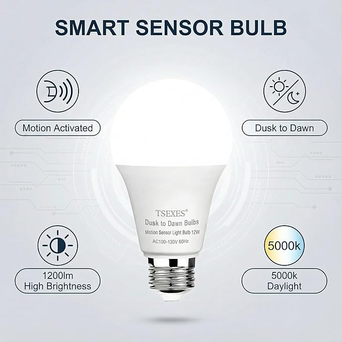TSEXES 12W Motion Sensor Light Bulbs (100W Equivalent), 5000K Daylight, Motion Activated Light Bulb with Dusk to Dawn Sensor for Outdoor & Indoor,Porch, Stairs, Hallway, 4-Pack