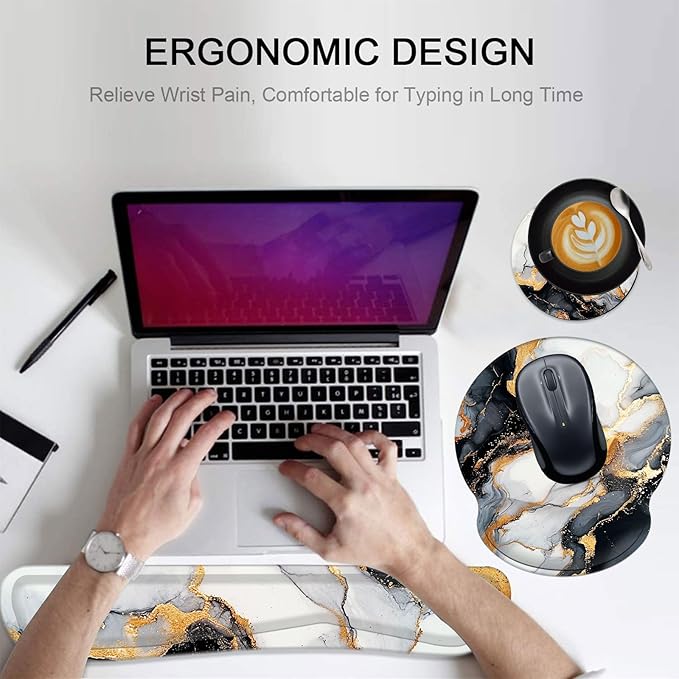 Keyboard Wrist Rest and Mouse Pad Wrist Support Set with Coasters,Non-Slip PU Base Ergonomic Gaming Mousepad for Home Office Working Studying Easy Typing & Pain Relief,Black Gold Marble