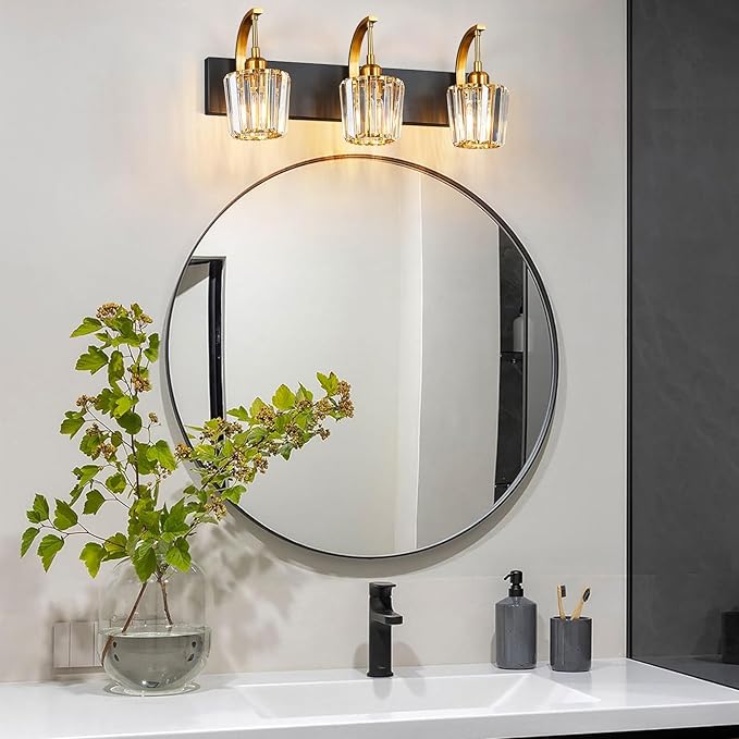 FDPBY Modern Bathroom Vanity Light, 3-Light Black Gold Wall Sconce with Crystal Accents, Over Mirror Bathroom Lighting Fixture, 23.62" Long Dimmable Vanity Lamp for Makeup, Easy Installation