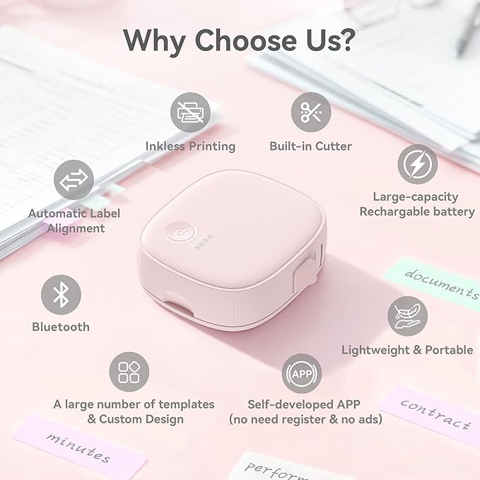 XenGro Mini Label Maker Machine with Tape AH-P05 - Portable Bluetooth Mini Label Printer, Wireless Thermal Label Maker, Waterproof & Rechargeable, Built-in Cutter, for Home, Office, Kitchen - Pink