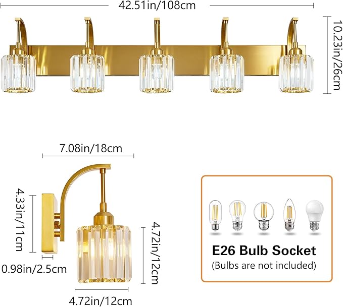 FDPBY 5-Light Crystal Vanity Light, Modern Gold Bathroom Wall Sconce with K9 Crystal Shades, 42.51" Long Over Mirror Lighting for Vanity, Makeup, Hallway, Elegant & Easy Installation