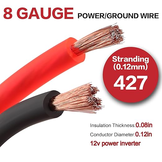 8 Gauge Wire (25ft Each - Red/Black) Copper Clad Aluminum CCA - Primary Automotive Wire,Car Amplifier Power & Ground Cable, 20PCS Lugs Terminal Connectors,20PCS 2:1 Heat Shrink Tubing