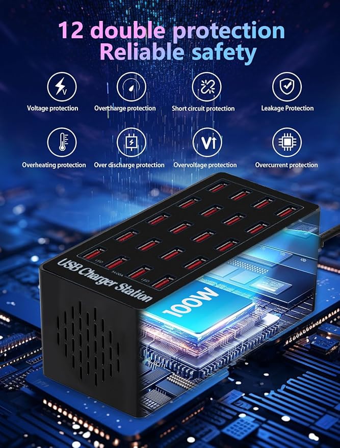 WANLONGXIN 100W 20Port USB Charging Station, Multi USB Charger for Multiple Devices, Black