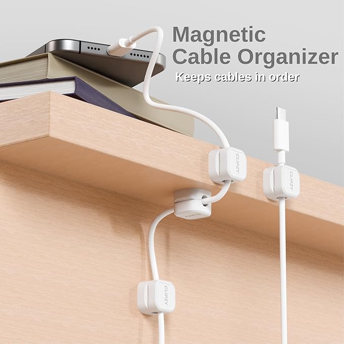 Clipzy 6 Pack Magnetic Cable Clips & Cord Holder, Under Desk Cable Management, Adhesive Wire Holder Keeper Organizer for Home Office Computer Desk Phone Car Wall Desktop Nightstand (White)