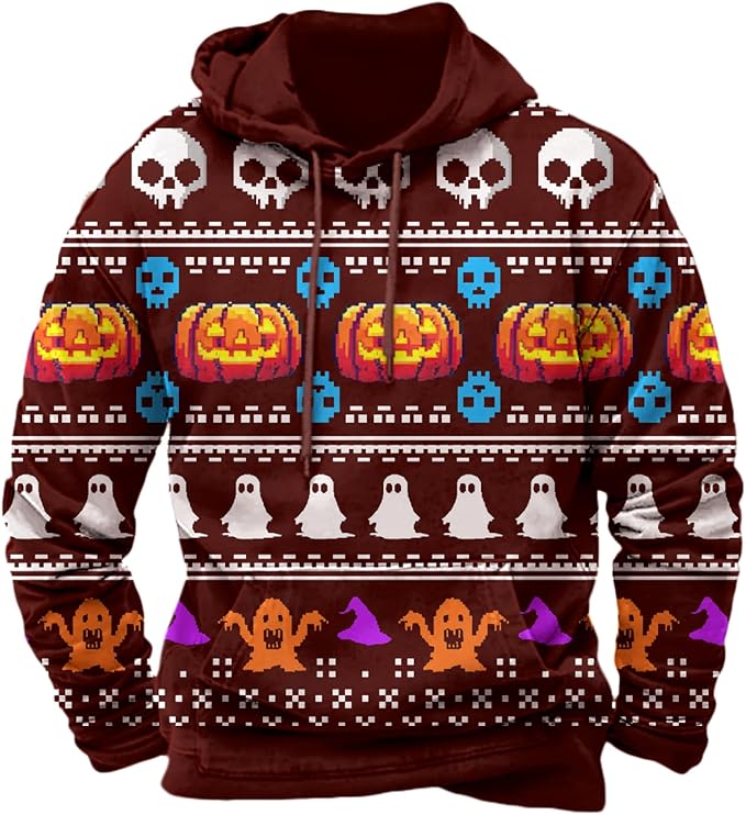 Halloween Hoodie Men Graphic Pumpkin Ghost Printed Sweatshirt Casual Trendy Long Sleeve Halloween Hooded Tops with Pockets