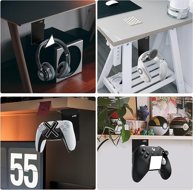 VKheroKV HC128 Headphone Holder Hanger for Desk, Include Adhesive Strips, Universal Headset Stand for PS4/PS5/Xbox/PC/Mac/Headphones Game Controller Hanger (Including 4 Types)