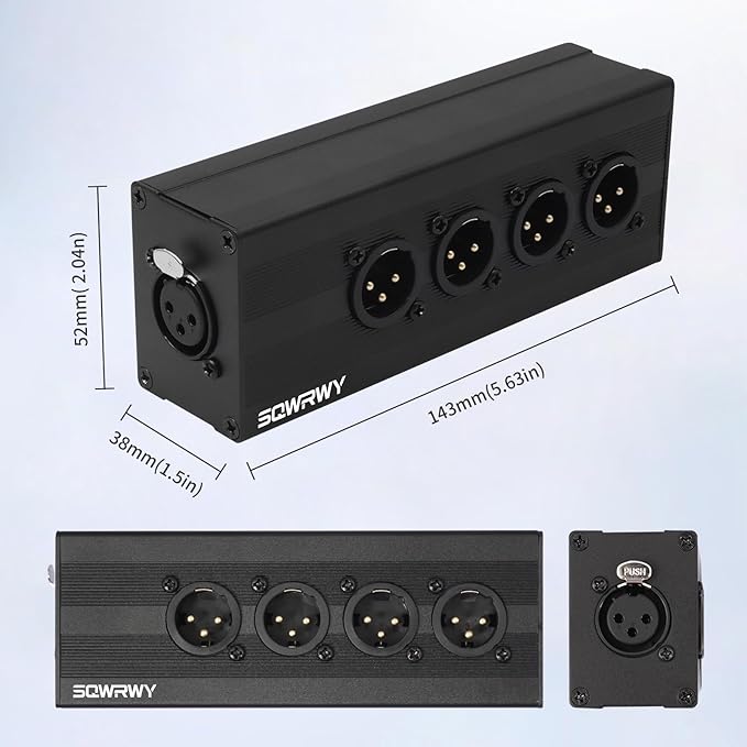 SQWRWY XLR 1 Female to 4 Male Passive Splitter | 4-Channel Galvanic Distribution for Zero-Latency Audio & DMX Adapter 4Way 1Pack
