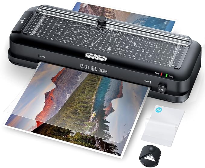 SINOPUREN 9-Inch Laminator Machine, Fast 3-Min Warm-Up, 3-in-1 Thermal Laminator with Built-in Paper Trimmer, 2-Hole Punch, Corner Rounder, Includes 10 Pouches, Ideal for Home, Teachers & Office