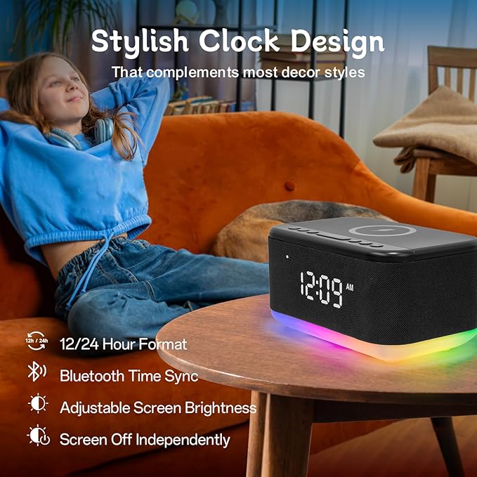 Bluetooth Alarm Clock Radio Bedroom, Digital Dual Alarm Clock Bedroom, Up to 10 Alarms Clock Night Light Speaker App/Button Control FM Charge Snooze Adjustable Brightness Dim 12/24H, Matte Black