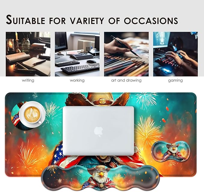 BFUKVOU Large Keyboard Mouse Pad Set, Extended Mouse Pad+Keyboard Wrist Rest Support, Memory Foam Ergonomic Easy Typing, 4Pcs (31.5×11.8 in) Desk Pad Set for Office Home,American Flag Eagle