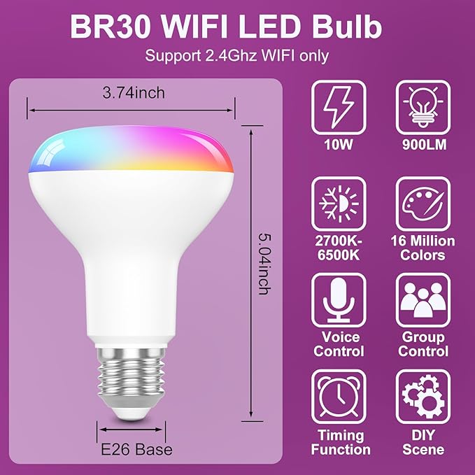 HYDONG Smart Light Bulbs，BR30 Smart Bulbs Compatible with Alexa，Flood Light Bulbs 10W 900LM,RGBCW Color Changing Light Bulb，2.4Ghz WiFi Bulb,APP Dimmable E26 Base,4Pack
