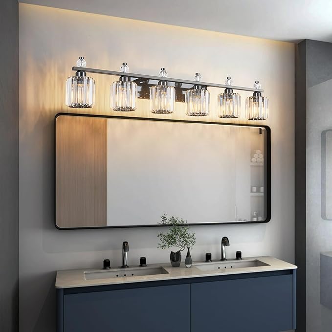 FDPBY Bathroom Vanity Lights 6-Light Plating Black Modern Crystal Vanity Light Fixtures Over Mirror Crystal Bathroom Vanity Lighting Fixtures