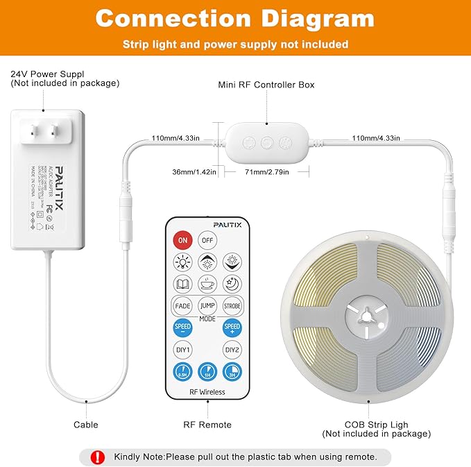 PAUTIX RF Remote Dimmer for Single Color LED Strip Lights,18-Key Wireless Remote and in-line Controller DC 12V-24V for 3528/2835/5050/COB LED Tape Lights,Timer Function