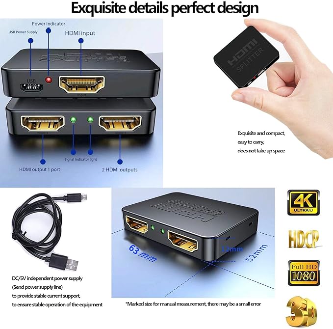 HDMI Splitter 1 in 2 Out【with 3HDMI Cables + 1USB Strip Power Cable 】 1×2 Power HDMI Splitter/Distributor 2 Ports for Dual Monitors Copy/Mirror Support 4K@30Hz 1080P Full HD 3D LED PS3/4 etc