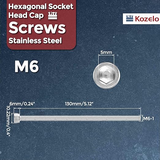 Kozelo 5pcs Socket Head Cap Screws - [M6-1 x 130mm] 304 Stainless Steel Allen Socket Drive for Electrical Motor 3D Printing Fan Engine Replacement Use, Silver