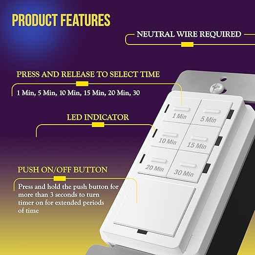 ENERLITES Countdown Timer Switch for Bathroom Fans and Lights, 1-30 Min, Neutral Wire Required, UL Listed, White