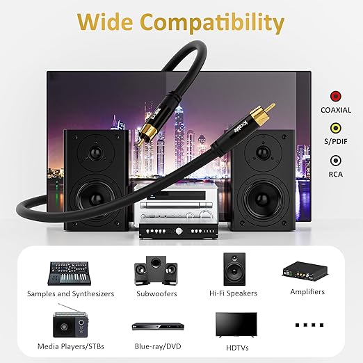 Subwoofer Cable RCA to RCA Audio Cable 50FT, Digital Coaxial Audio Cable, Premium S/PDIF RCA Cord for Home Theater, HDTV, Subwoofer, Hi-Fi System, Amplifier, 22AWG Tinned Copper, Double Shielded