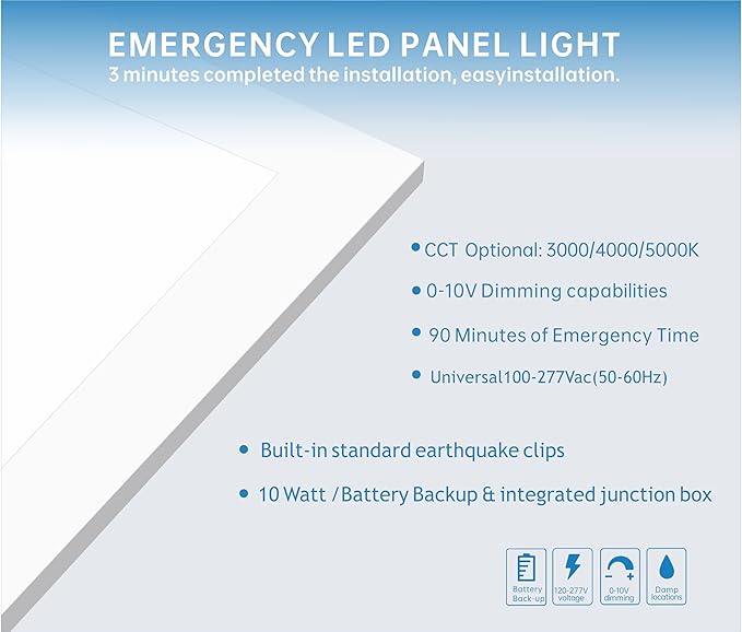 2X4 LED Flat Panel Light with Emergency Battery Backup, 50W 3000K/4000K/5000K, 0-10V Dimmable, 6500 Lumens, LED Drop Ceiling Lights, 100-277V, DLC UL Listed, Ultra Thin Back-Lit (2 Pack)