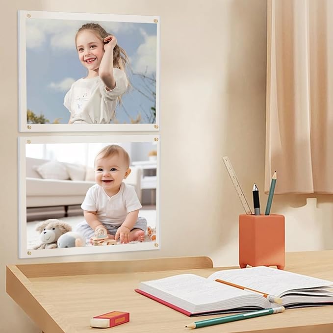 Kalami 8x10 Picture Frame Wall Mount Self Adhesive, Clear Acrylic No Drill Floating Frameless Poster Frame for Office Photo Canvas Document Gallery, Full Frame Size 10x11