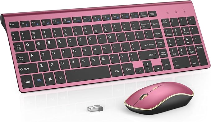Wireless Keyboard Mouse Combo,J JOYACCESS 2.4G Compact and Ultra Slim Wireless Keyboard and Mouse for Windows, Computer, Desktop, PC, MacBook Air, Laptop-Wine Red
