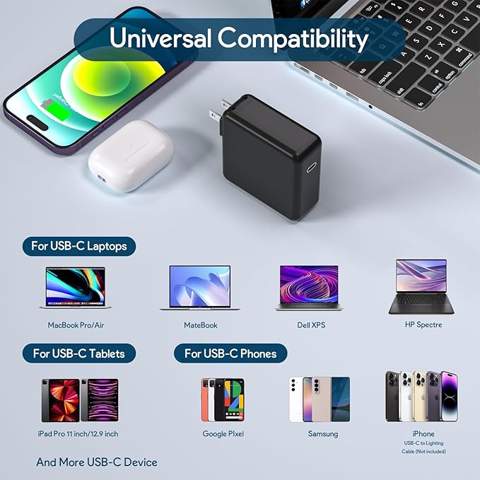 Mac Book Pro Charger, 61W/67W USB C Charger Power Adapter for MacBook Pro/Air 13/14 Inch, for MacBook 12 Inch,Included USB-C Charge Cable (6.6ft/2m) Black