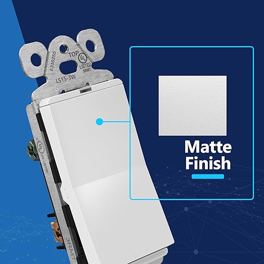 LIDER Minimalist Design Matte Finish Lighted Decorator Switch, Frameless Paddle Light Switch with Locator Light, Grounding Screw, 3-Way or Single Pole, 15A 120V, UL Listed, LS15-3W-W10P, White,10 Pack