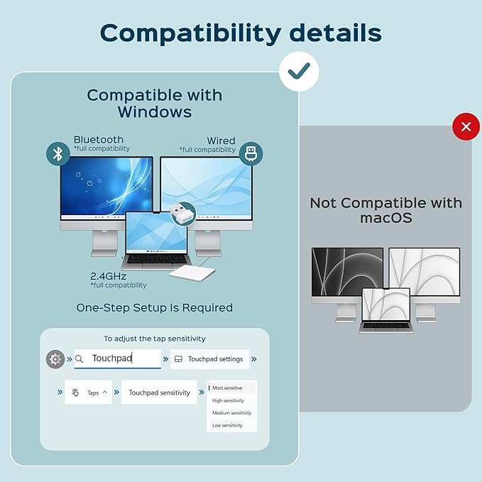 Turonic TP1 Wireless Touchpad, Bluetooth 2.4GHz, Type-C Rechargeable, 150×105mm Area, Up to 30H Use, 4-Touch Recognition, Multi-Device Connection, Precision Glass Surface, Compatible with Windows