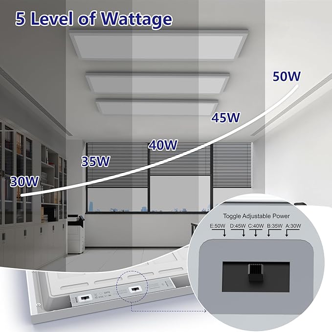 AIKVSXER 1x4 Led Flat Panel Light Surface Mount-4 Pack, 50W 5500Lm Dual Selectable 5CCT 3000K/4000K/5000K/5700K/6500K and Wattage 30-50W 0-10V Dimmable Ceiling Light Fixture for Kitchen/Laundry