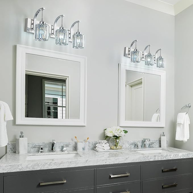 FDPBY 3-Light Crystal Vanity Light, Modern Chrome Bathroom Wall Sconce with K9 Crystal Shades, 23.62" Long Over Mirror Lighting for Vanity, Makeup, Hallway, Elegant & Durable