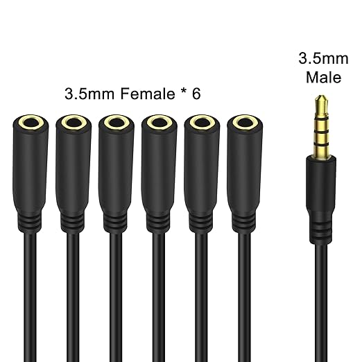 MEIRIYFA 3.5mm Splitter Cable 1 to 6 Ways,1/8 inch 4-Pole/3-Rings TRRS 1 Male to 6 Female Audio Stereo Splitter Extension Cable 3.5mm Audio 1 Input 6 Output Headphone Headset Extender Cord （30CM）