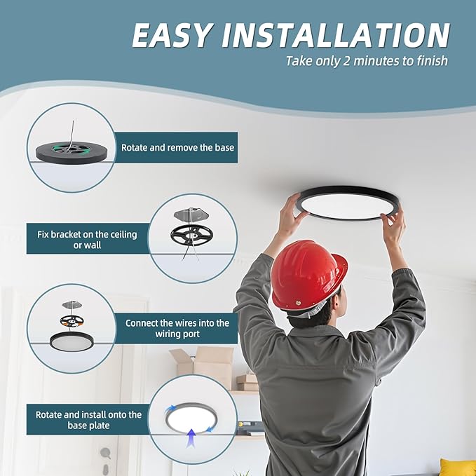 TOPELER Black LED Flush Mount Ceiling Light, 9inch 24W 2000Lm Dimmable Overhead Lighting Fixture, 5CCT Selectable Round Flat Panel Light for Laundry, Stairwell, Basement, Bathroom