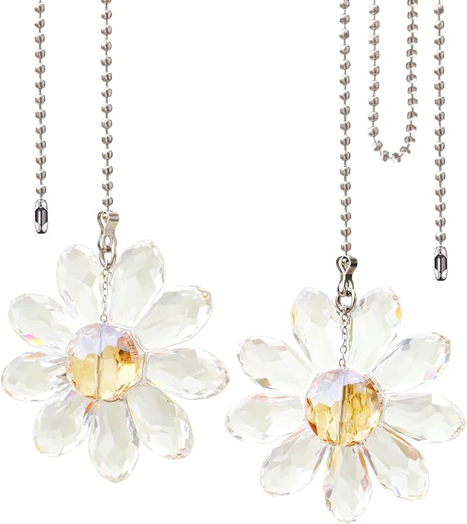 LEFERS Ceiling Fan Pull Chain, 2 Pieces 1.8" Crystal Glass Flower Pendants with 24" Ceiling Fan Chain Extender and Connector (Clear)