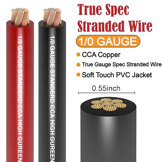 1/0 Gauge Wire CCA (20Ft Each Black/Red) Primary Automotive Wire with Lugs Kit,250A ANL Fuse,1/2 Inch Cable Split Sleeving,Battery Cable,Car Amplifier Power Ground Wires,Amp Install Wiring