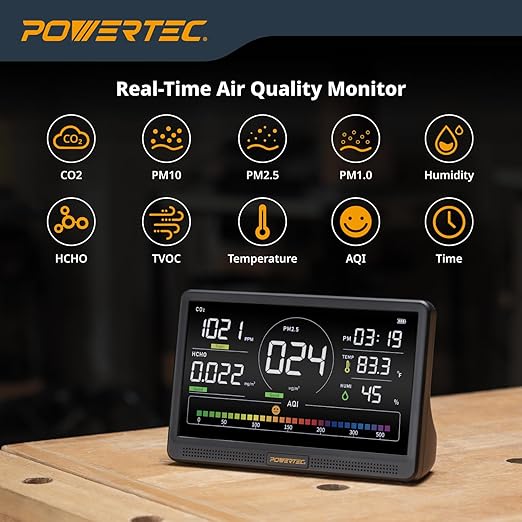 POWERTEC AD1001 Air Quality Monitor with 7” LCD Display – Multi-Sensor CO₂, PM2.5, PM10, HCHO, TVOC Detector, NDIR Sensors, Rechargeable Indoor/Workshop Air Monitor