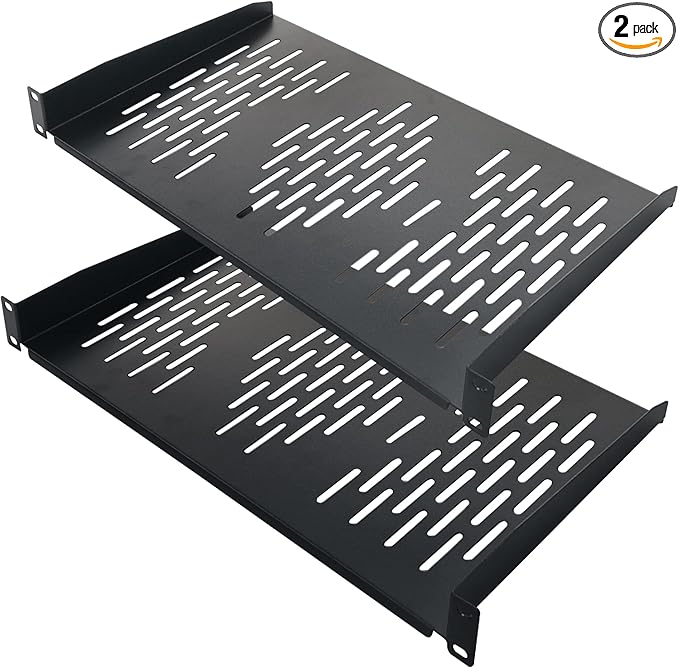 RIVECO 2PCS 1U Rack Shelves, 19” Cabinet Mount 1 U Tray Vented Cantilevers for Computer Case Shelf Mounting, 10 Inches 25CM Depth, Black
