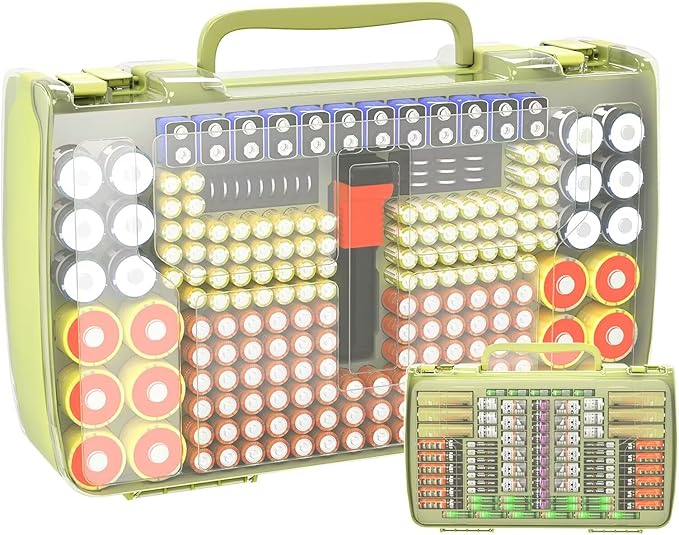 Aptbyte Battery Organizer Storage Holder Box Case with Tester- 269 Batteries Double-Sided Variety Pack, Holds AA AAA 4A C D Cell 9V 3V Lithium LR44 CR2 CR123 CR1632 18650 Button- Green (Box Only)