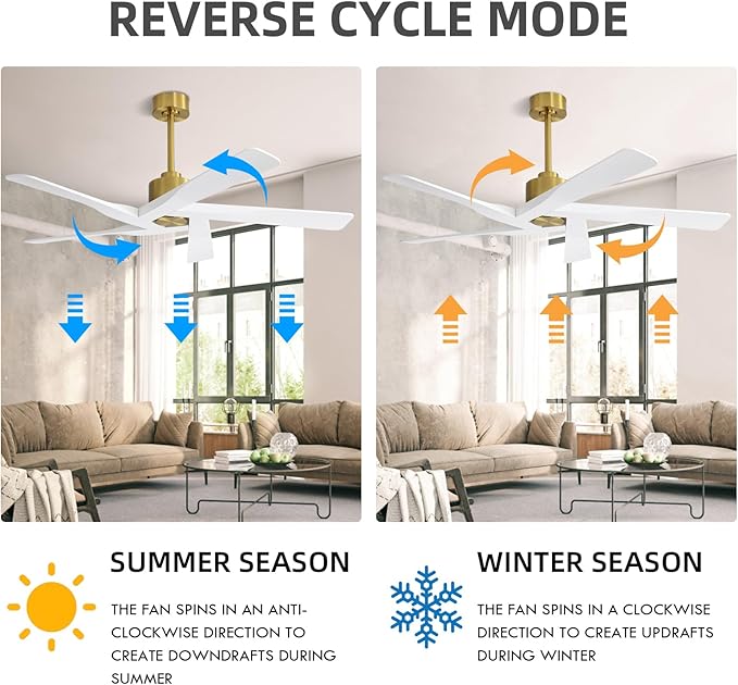 WINGBO 54" ABS DC Ceiling Fan No Light, 5 Blade ABS Plastic Ceiling Fan with Remote, 6-Speed Reversible DC Motor, Ceiling Fans without Light for Kitchen Bedroom Living Room, Brass and White