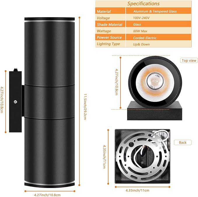 RIDALUX Dusk to Dawn Outdoor Wall Lights: 2 Pack Sensor Waterproof Cylinder Up Down Lights - Aluminum Modern Outdoor Wall Sconce for Porch Patio