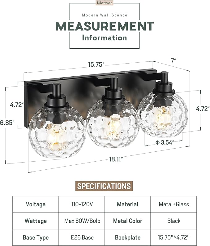 METWET Bathroom Light Fixtures Over Mirror, 3-Light Matte Black Vanity Light with Clear Hammered Glass Globe Shade, Modern Sconces Wall Lighting for Bedroom Hallway, VL200-MB-3