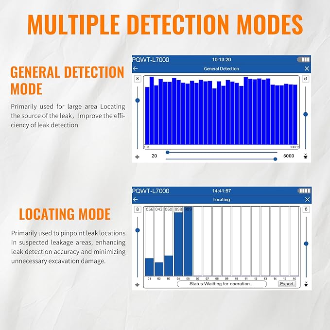 PQWT L6000 Acoustic Water Leak Detector for Outside Ground and Wall Water Pipeline Leakage Detection Kit Multi Sensor Professional Noise Reduction Headphone Smart Touchscreen Aluminum Carry Case