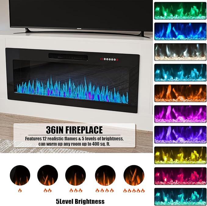 VITESSE TV Stand with 36" inch Electric Fireplace Up to 90" TVs, LED Light Entertainment Center, 80" Modern Wood High Gloss Fireplace with Highlight Storage Cabinet for Living Room (White)