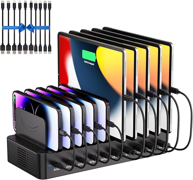 100W Charging Station for Multiple Devices, 10-Port USB Fast Charging Station with Adjustable Dividers & 10 Cables- Multi Device Organizer Charging Dock for iPhone, iPad, Tablets & More