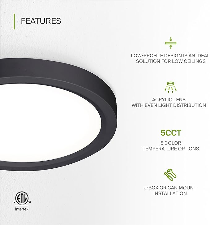 ASD LED 7" Round Flush Mount Ceiling Light Fixture, Low Profile Surface Lighting | 5CCT, Dimmable, Ultra-Thin, ETL Listed | 15W 1260LM 2700-6000K 120V | Kitchen, Bedroom, Hallway Lamp | Black, 12 Pack