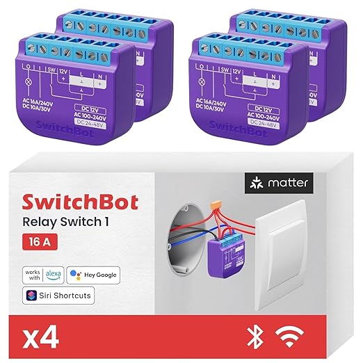SwitchBot WiFi Switch 1 (Pack of 4) Compatible with Alexa/Apple Home/Google Home, Power-Measuring Relay Switch Module with Built-in Bluetooth Repeater and Dry Contact, Wi-Fi 2.4GHz, 16A