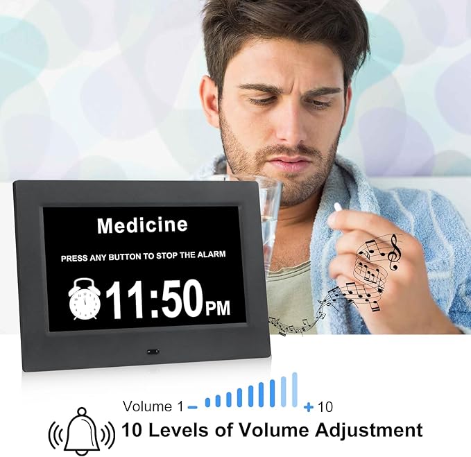 Irednolw Black Clock with Day and Date for Elderly Dementia Patients-Large Number Digital Clocks for Seniors-Digital Calendar Day Clock for Seniors Large with 12 Alarms, Auto Dimming