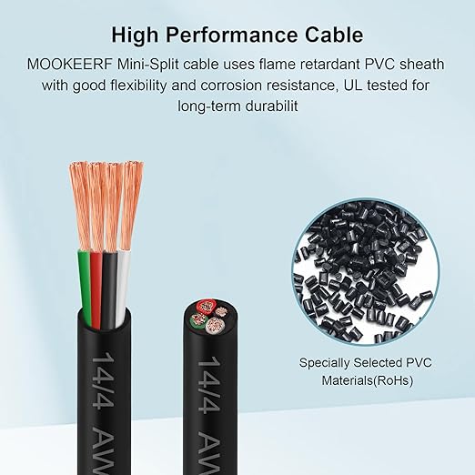 MOOKEERF 14/4 AWG Mini-Split Cable - 50FT 14 AWG 4 Conductor Control Cable 300V Stranded Oxygen-Free Pure Copper Wire for Mini Split Air Conditioner,Heat Pump,HVAC Systems and Speaker Systems