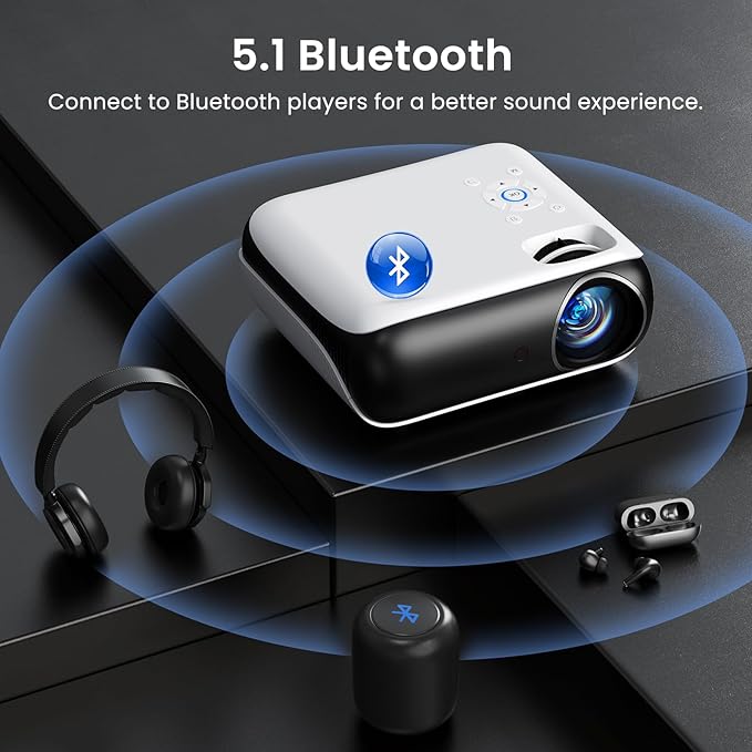 HAPPRUN Native 1080P Bluetooth Mini Projector, Full HD Portable Outdoor Movie Projector with Built-in Speaker, Compatible with Smartphone, HDMI, USB, AV, Fire Stick, PS5 for Home, Bedroom, Outdoor Use